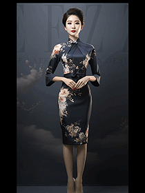 民國(guó)風(fēng)中袖收腰旗袍日常印花款時(shí)尚女裝圖