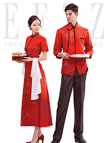 新中式旗袍改良禮服復古紅色拼接接待人員服裝定制圖