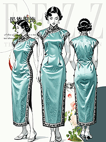 寬花邊真絲提花平裁民國復(fù)古盤扣短袖旗袍手繪圖