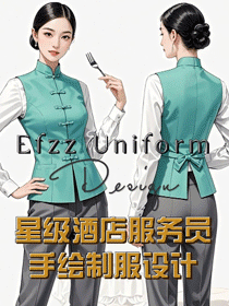 松柏綠色系餐飲飯店酒樓員工服裝手繪設(shè)計(jì)圖稿