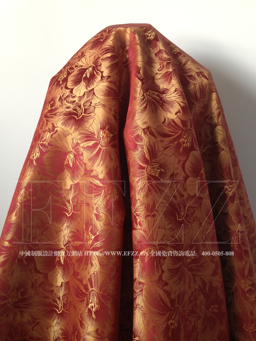 紅底金色百合花紋提花布面料